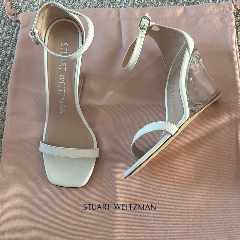 Stuart Weitzman Nudist Lucite Clear Wedge Heels White Sandals Shoes 6